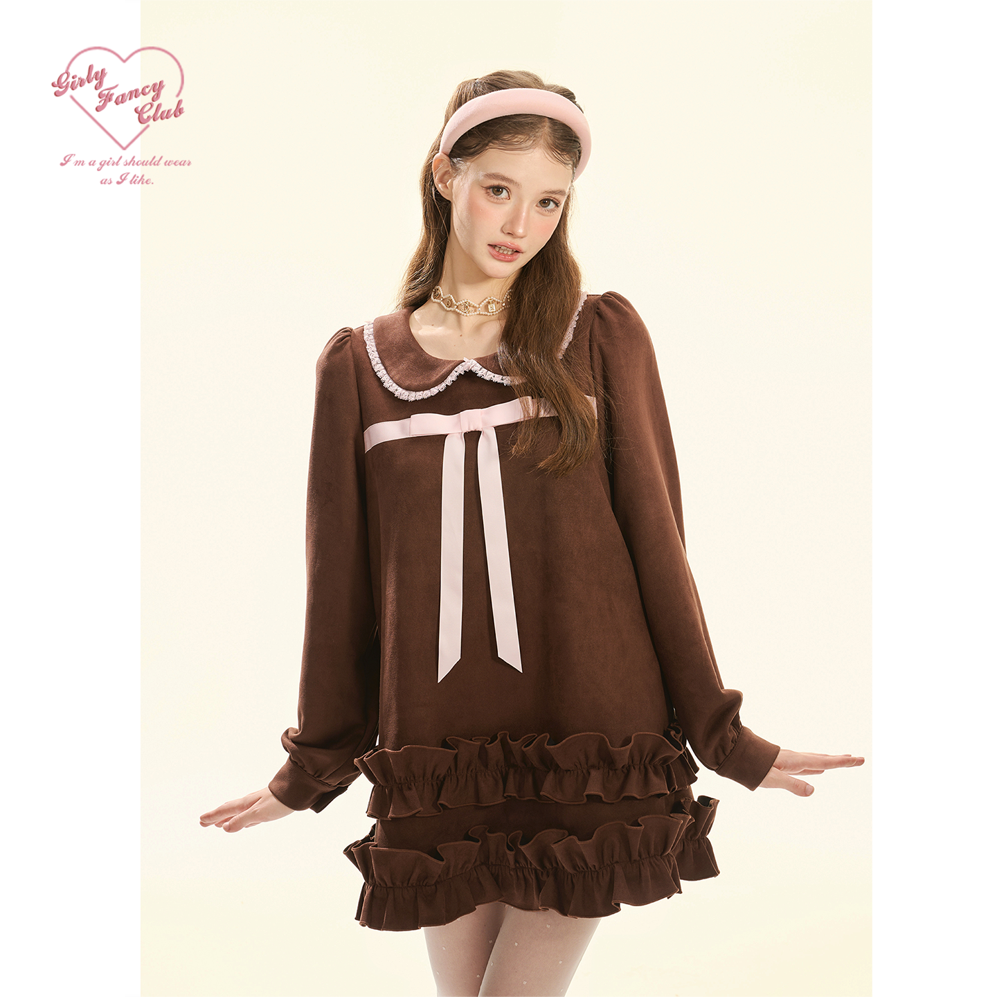 GirlyFancyClub 12/8 20点 复古甜心系列 木耳边麂皮绒娃娃连衣裙