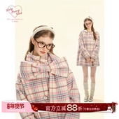 GirlyFancyClub冬日童话 复古甜心系列 蝴蝶结围巾外套格纹呢大衣