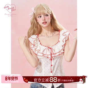 GirlyFancyClub伯德小姐*独特漂亮上衣女法式荷叶木耳边波点小衫