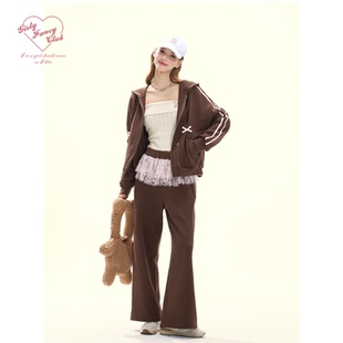 GirlyFancyClub草莓生巧 棕咖色宽松捏褶蝴蝶结连帽拉链卫衣套装