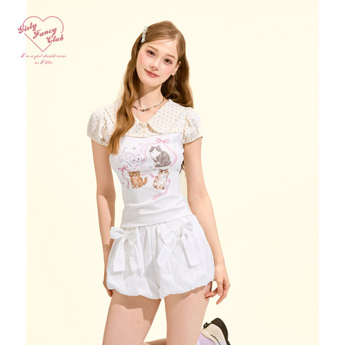 GirlyFancyClub甜喵派对*波点拼接娃娃领修身上衣短袖猫咪印花t恤