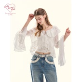 荷叶上衣 花边拼接翻领短款 GirlyFancyClub白色清透感纺纱开衫 罩衫