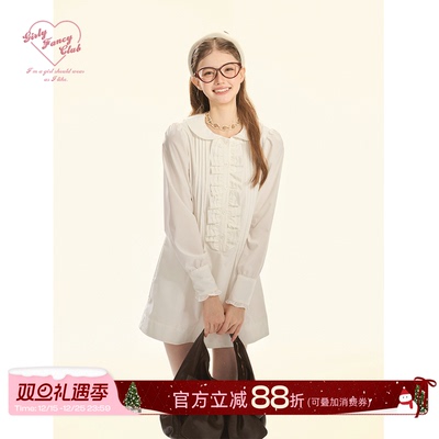 GirlyFancyClub庄园假日*不易皱白色法式风琴褶娃娃领衬衫连衣裙