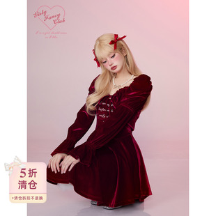 GirlyFancyClub圣诞穿搭复古红收腰丝绒两件套连衣裙 清仓5折