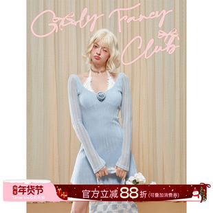 GirlyFancyClub西西里假日*甜欲少女花朵蕾丝拼接挂脖收腰连衣裙