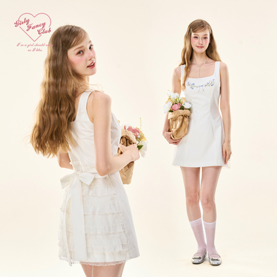 GirlyFancyClub蓝铃花*重工后摆层层花边白色印花法式背心连衣裙