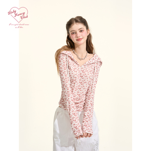 GirlyFancyClub野生甜妹 连帽t恤 莱赛尔针织褶皱收腰豹纹上衣长袖