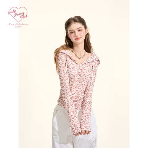 GirlyFancyClub野生甜妹*莱赛尔针织褶皱收腰豹纹上衣长袖连帽t恤