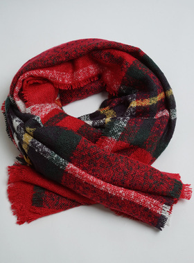 新款出口欧美 优雅气质红色格子围巾女秋冬 百搭保暖仿羊绒披肩