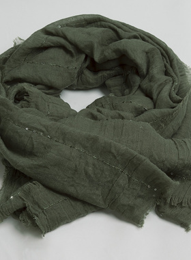 新款欧美时尚 优雅气质绿色森系丝巾女春秋 百搭纯色亮片旅游围巾