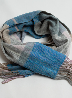 新款出口英国英伦气质蓝色羊毛格子围巾男女秋冬百搭保暖围脖披肩