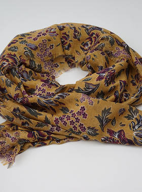 新款出口英国 优雅气质姜黄色精致印花围巾女春秋 百搭莫代尔丝巾