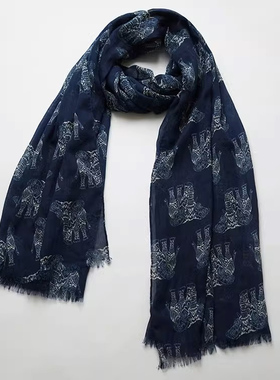 新款欧美时尚 优雅气质藏青色大象印花女丝巾围巾 旅游披肩春秋冬