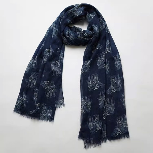 优雅气质藏青色大象印花围巾春秋