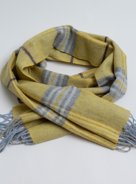 新款欧美时尚 优雅气质黄色格子围巾女秋冬 百搭保暖羊毛围脖披肩