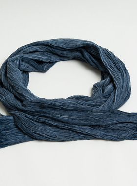 西北旅游围巾优雅靛蓝色精致围脖丝巾女春秋皱棉巴厘纱旅游披肩窄