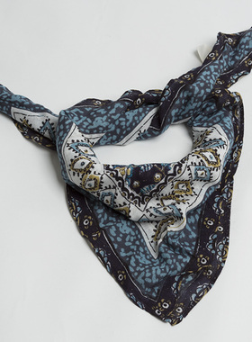 围巾女春夏欧美优雅气质蓝色花朵印花丝巾百搭旅游装饰领巾小方巾