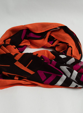 新款出口欧美 轻奢气质橙色字母印花围巾女春秋 棉质长款丝巾披肩