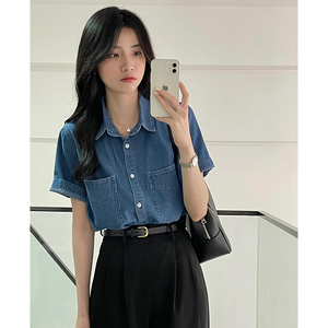 天丝牛仔短袖衬衫外套女2024夏季新款韩版宽松显瘦薄款polo领上衣
