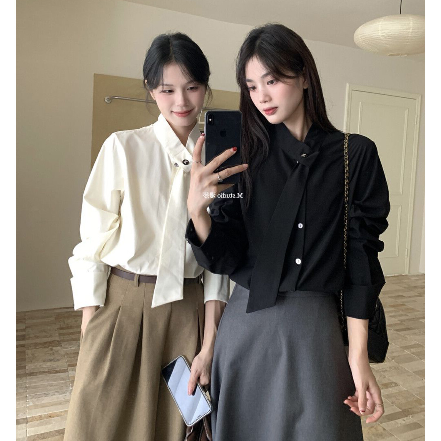 法式高级感轻奢杏色衬衫衬衫上衣女士小众设计感减龄长袖飘带衬衣图片