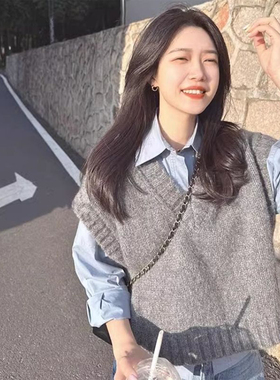 今年流行的漂亮套装女韩系复古长袖衬衫上衣叠穿灰色针织马甲外搭
