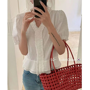 甜美蕾丝V领白色衬衫 新款 法式 女2025夏季 衬衣 设计感修身 上衣时尚