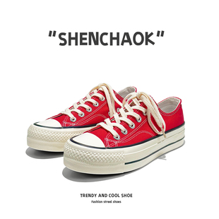 厚底增高帆布鞋女2025新款1970S红色低帮休闲系带平底多巴胺潮鞋