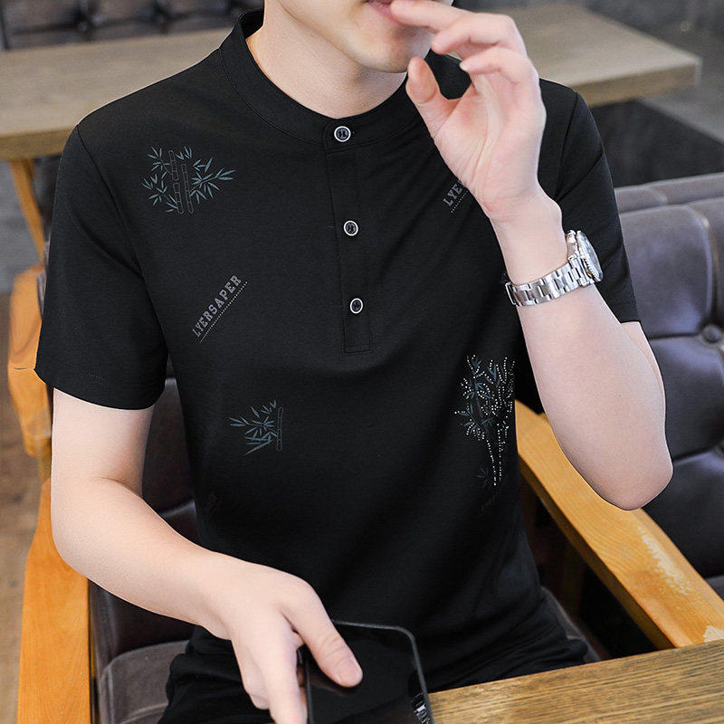 个性印花立领polo衫男短