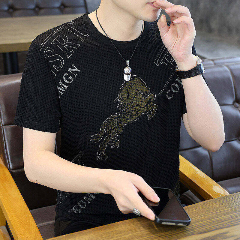 高端欧货冰丝短袖t恤男士夏季潮牌烫钻2026新款提花休闲速干半袖