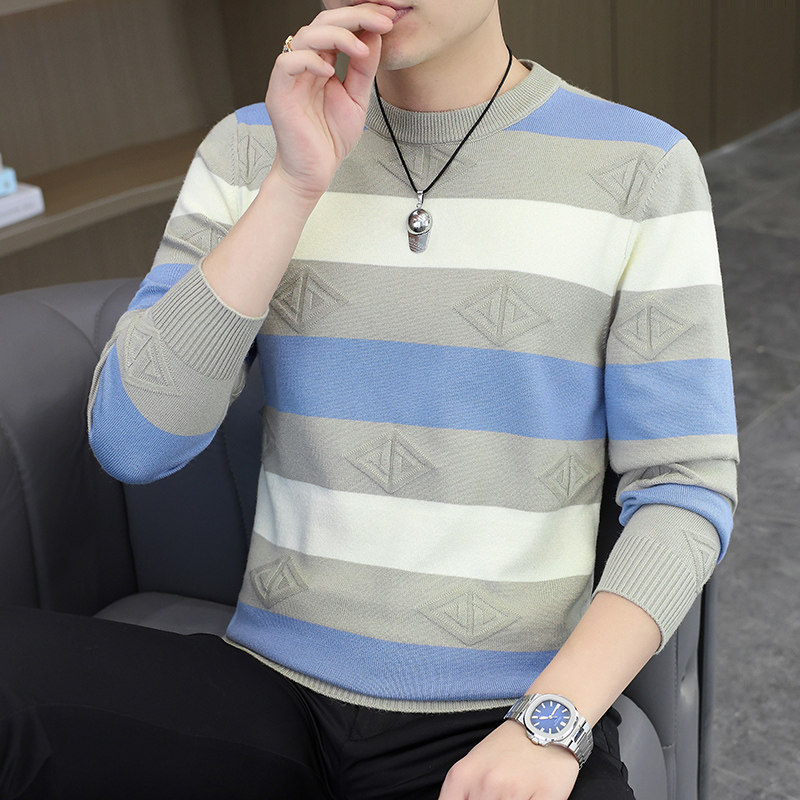 高端秋季薄款羊毛衫男条纹潮流时尚圆领毛衣男士修身针织打底衫潮