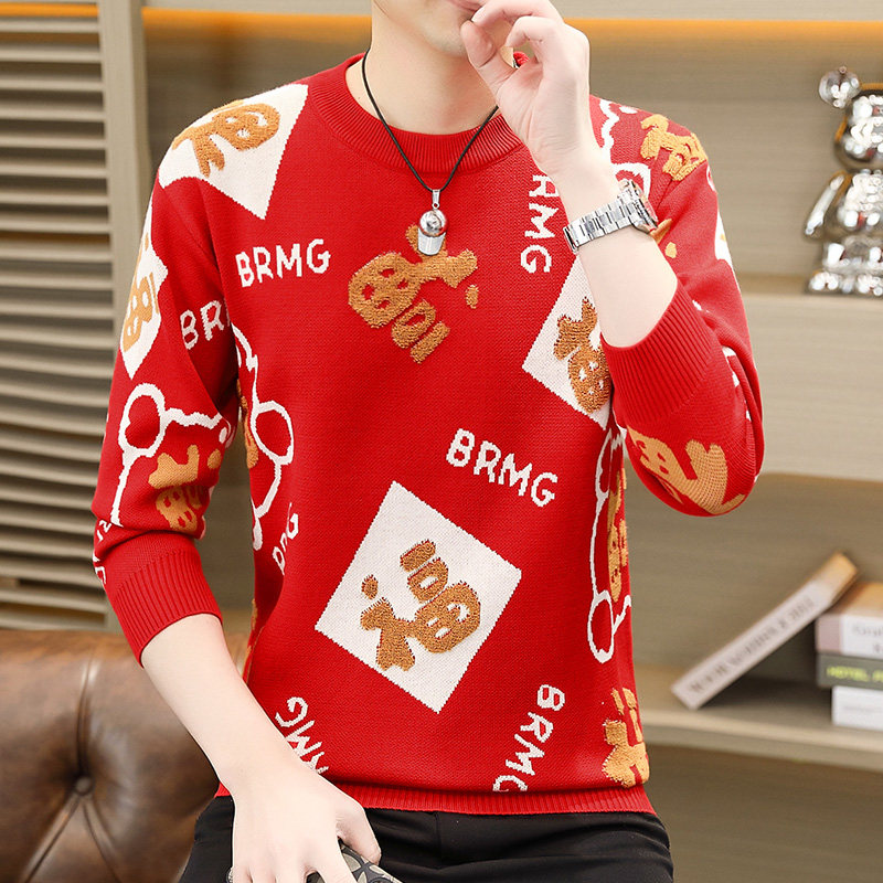 高端福字红色毛衣男冬季加厚高级感羊毛衫新年圆领修身针织打底衫