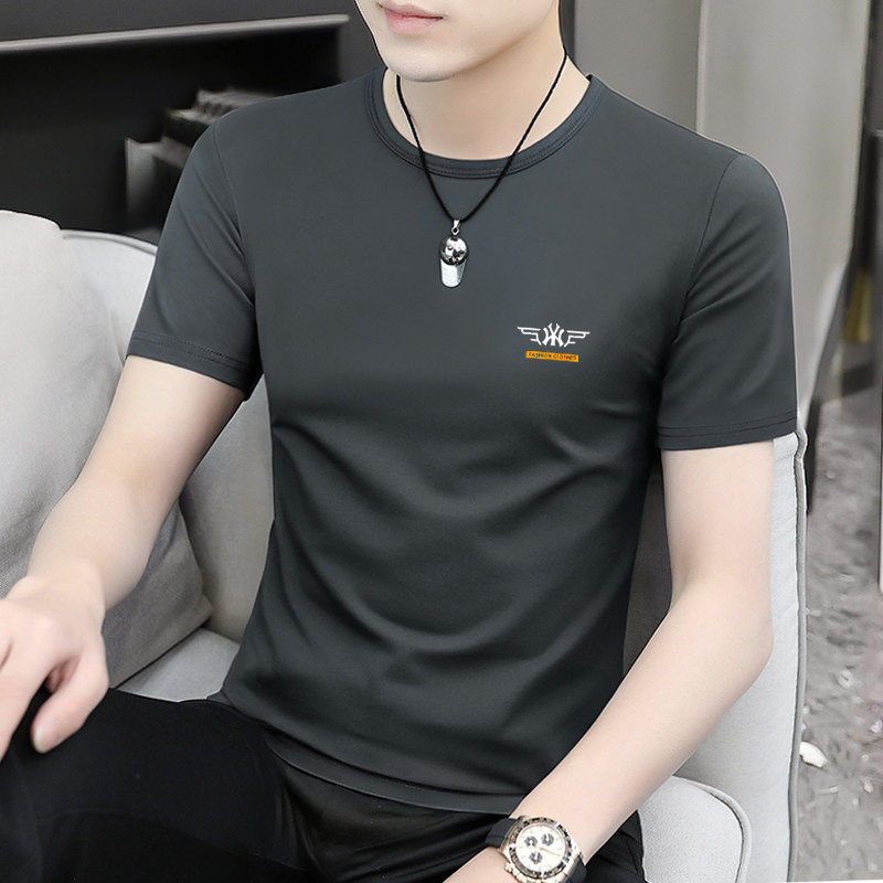 品牌冰丝灰色短袖T恤男士2026夏季新款印花圆领修身莫代尔棉半袖