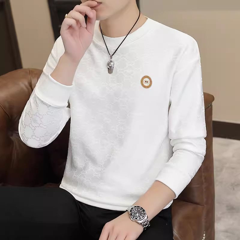 高端桑蚕丝长袖T恤男春秋新款潮牌印花白色圆领修身男士品牌卫衣
