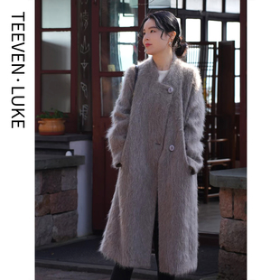 TEEVEN 质感羊绒羊毛拉毛工艺蓬松长毛呢大衣2025新款氛围感外套