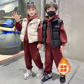 中大童儿童加厚马甲卫裤 女童加绒连帽卫衣套装 2025秋冬新款 三件套