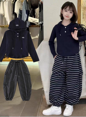 女童秋装套装2025新款中大儿童春秋衣服卫衣条纹裤两件套休闲运动