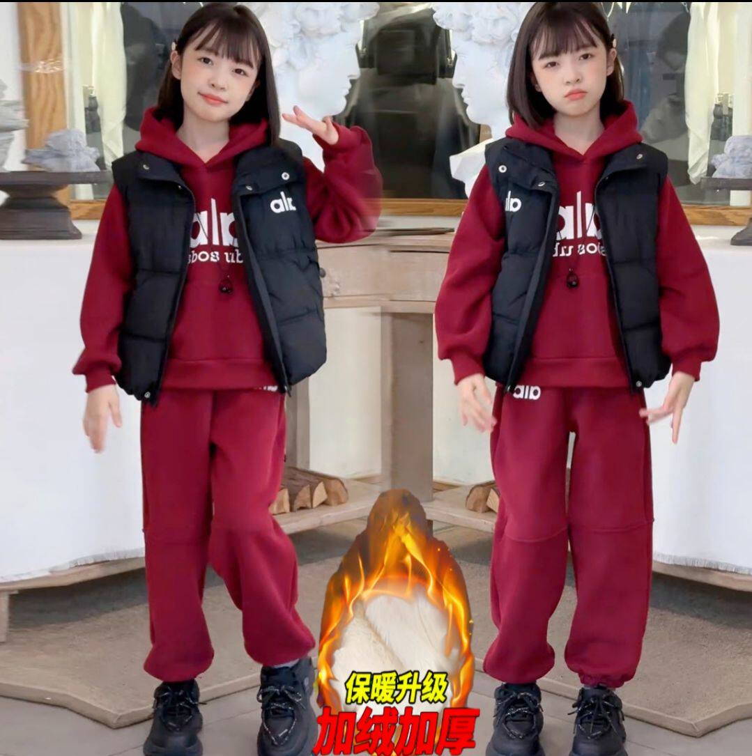 女童秋冬加绒加厚字母连帽卫衣套装中大童女孩加棉马甲三件套棉服