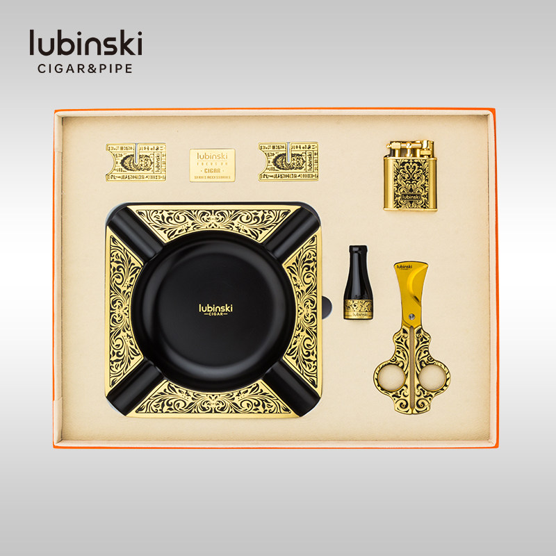 lubinsk高端雪茄套装礼盒纯铜烟灰缸双打火机雪加剪刀支架烟嘴5件