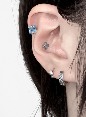 二十二丁目方形蓝色耳钉女十字架小香风耳圈菱格纹耳环高级感耳饰