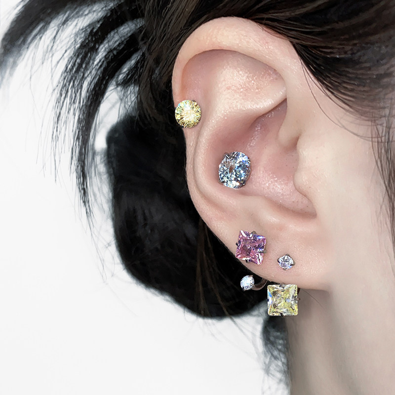 二十二丁目 爆闪烟花锆石耳钉钛钢方钻马蹄环鸟巢切耳骨钉耳饰