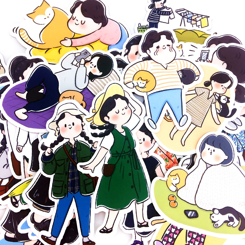 小女孩手账贴纸韩国风女孩衣搭手帐贴韩国文字装饰贴画小猫插画