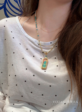 夫人手作 珍珠绿松石绿度母唐卡吊坠项链新中式国风毛衣链挂坠链