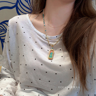 夫人手作 珍珠绿松石绿度母唐卡吊坠项链新中式国风毛衣链挂坠链