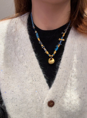 夫人手作 原创设计【青岚】黄金玉石吊坠手工编绳可调节项链