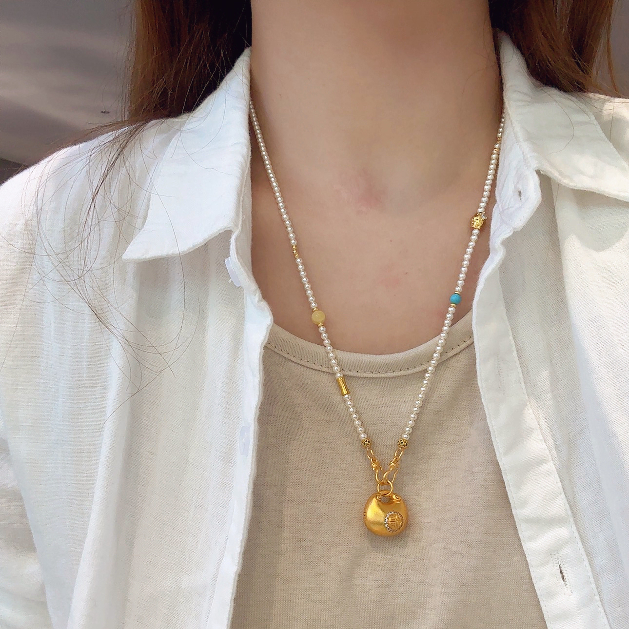 夫人手作 原创手工施家珍珠黄金吊坠小胖福链条项链饰品挂坠链