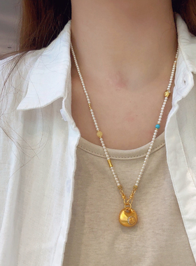 夫人手作 原创手工施家珍珠黄金吊坠小胖福链条项链饰品挂坠链