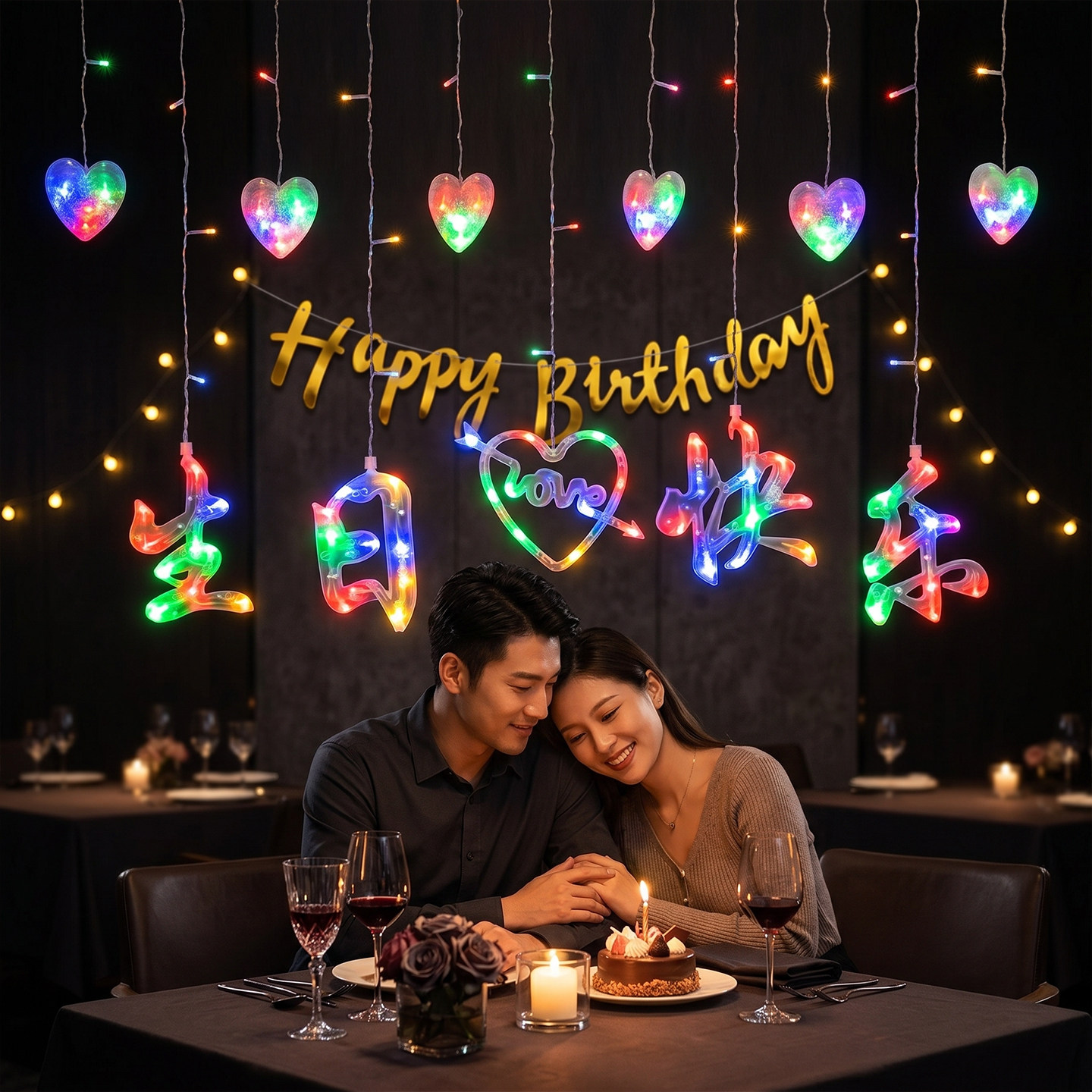 LED生日快乐爱心彩灯闪串灯满天星网红卧室浪漫房间窗帘装饰布置