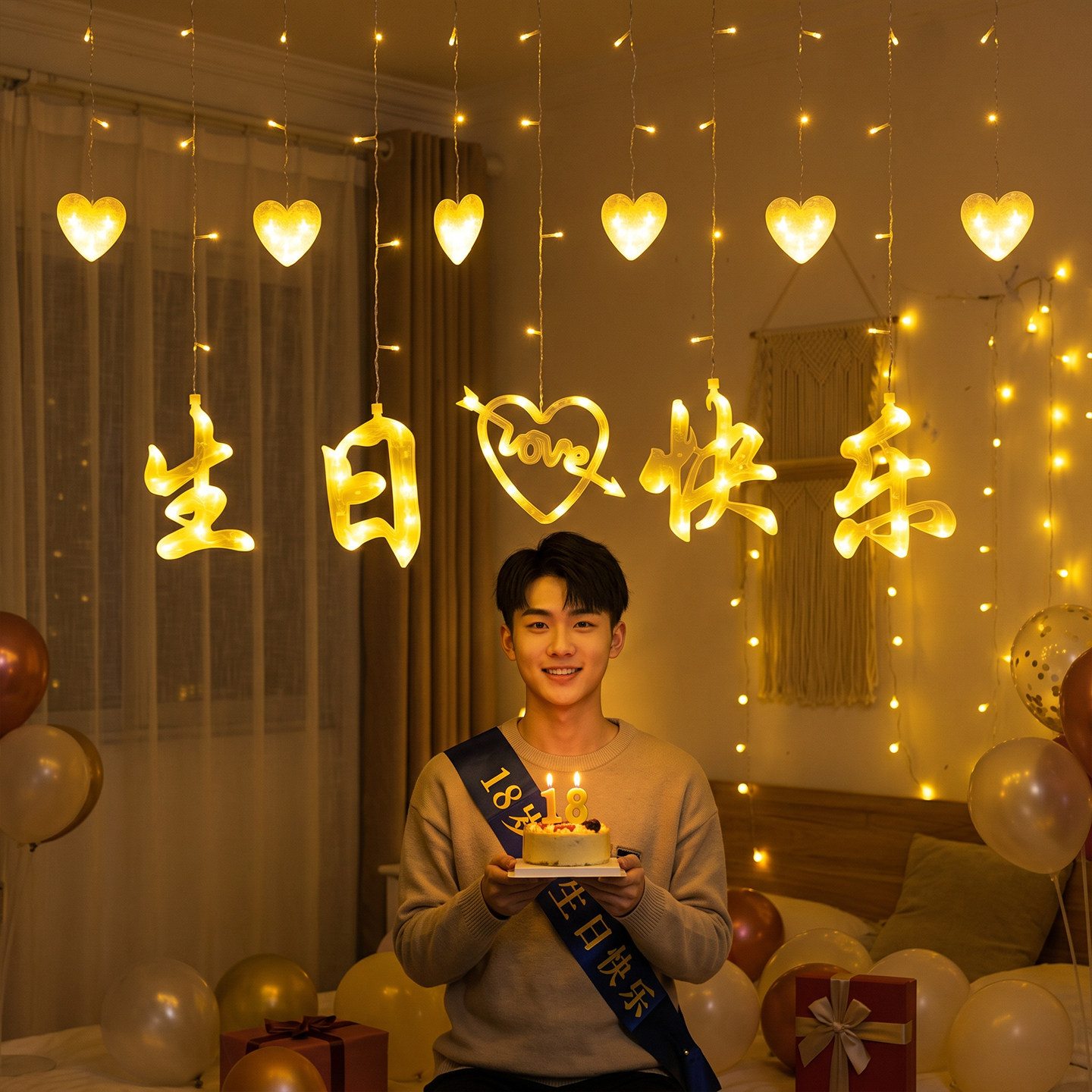 生日快乐led灯串彩灯生日布置ktv装饰场景道具网红室内窗帘灯