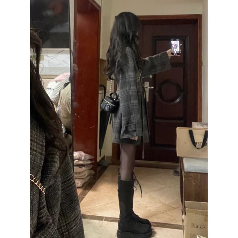 格子毛呢西装外套女秋冬加厚新款毛呢外套