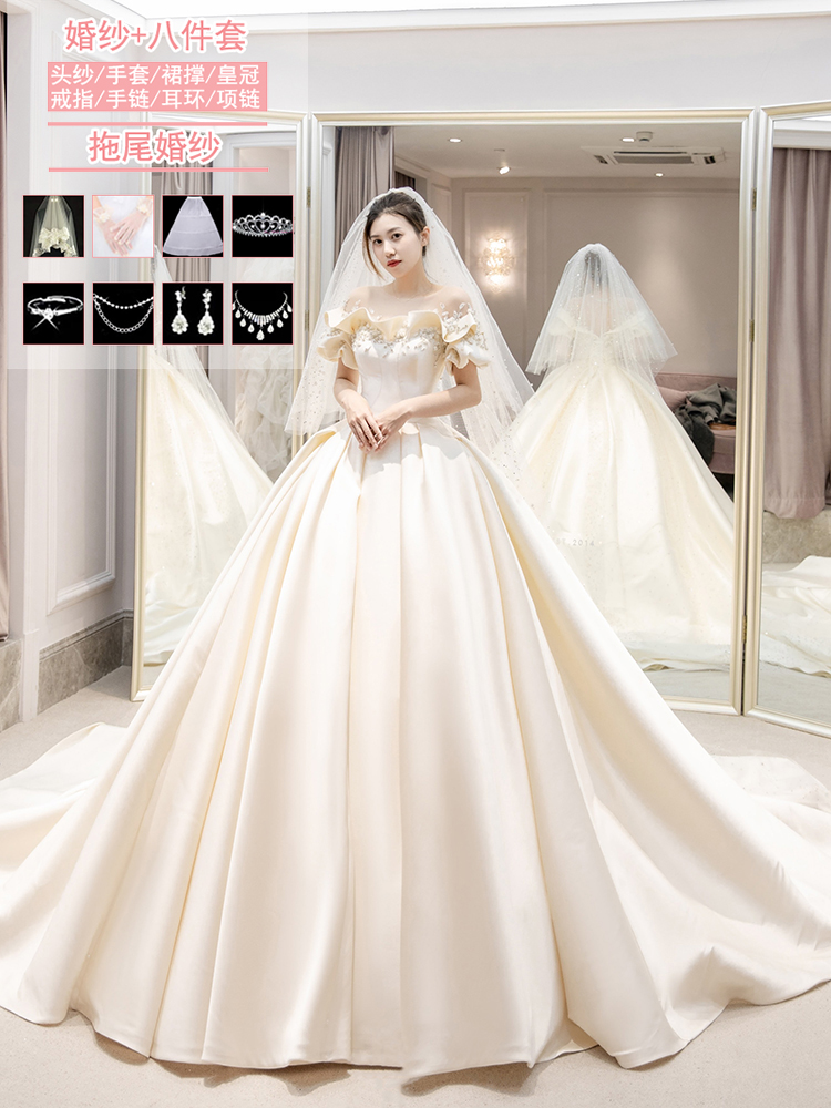  Champagne color trailer wedding dress 